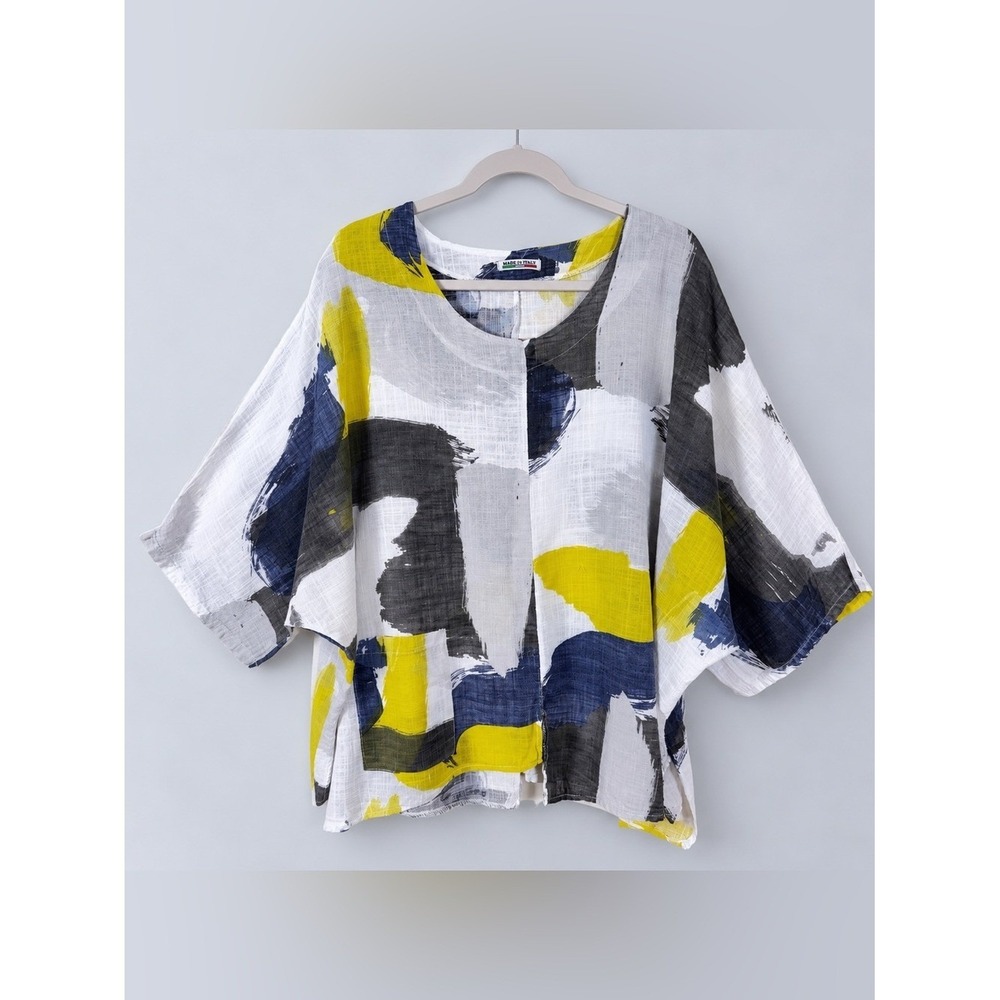 Womens Bohemian Linen Blouse Top XXXL Abstract Lagenlook Italian Dolman Sleeves